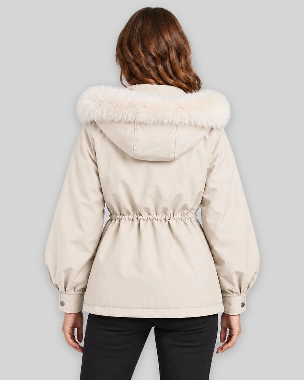 Women's Parka Coat with Faux Fur Hood and Drawstring Waist, Short Winter Style – Wren Belle