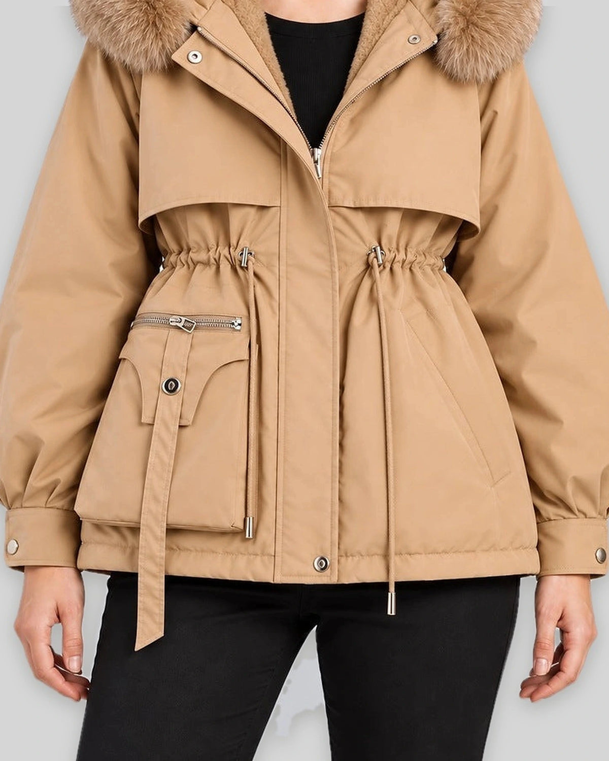 Women's Parka Coat with Faux Fur Hood and Drawstring Waist, Short Winter Style – Wren Belle