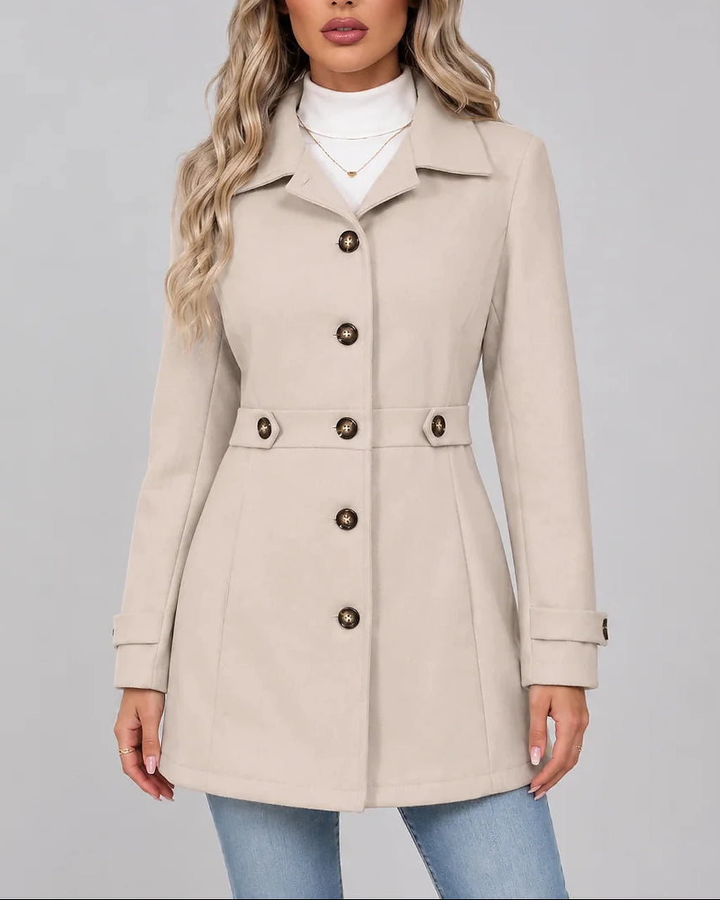 Women's Fitted Overcoat with Pointed Collar and Waist Tabs – Ruby