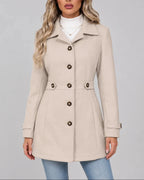 Women's Fitted Overcoat with Pointed Collar and Waist Tabs – Ruby