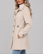 Women's Fitted Overcoat with Pointed Collar and Waist Tabs – Ruby