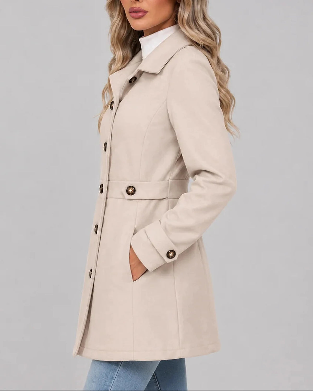 Women's Fitted Overcoat with Pointed Collar and Waist Tabs – Ruby