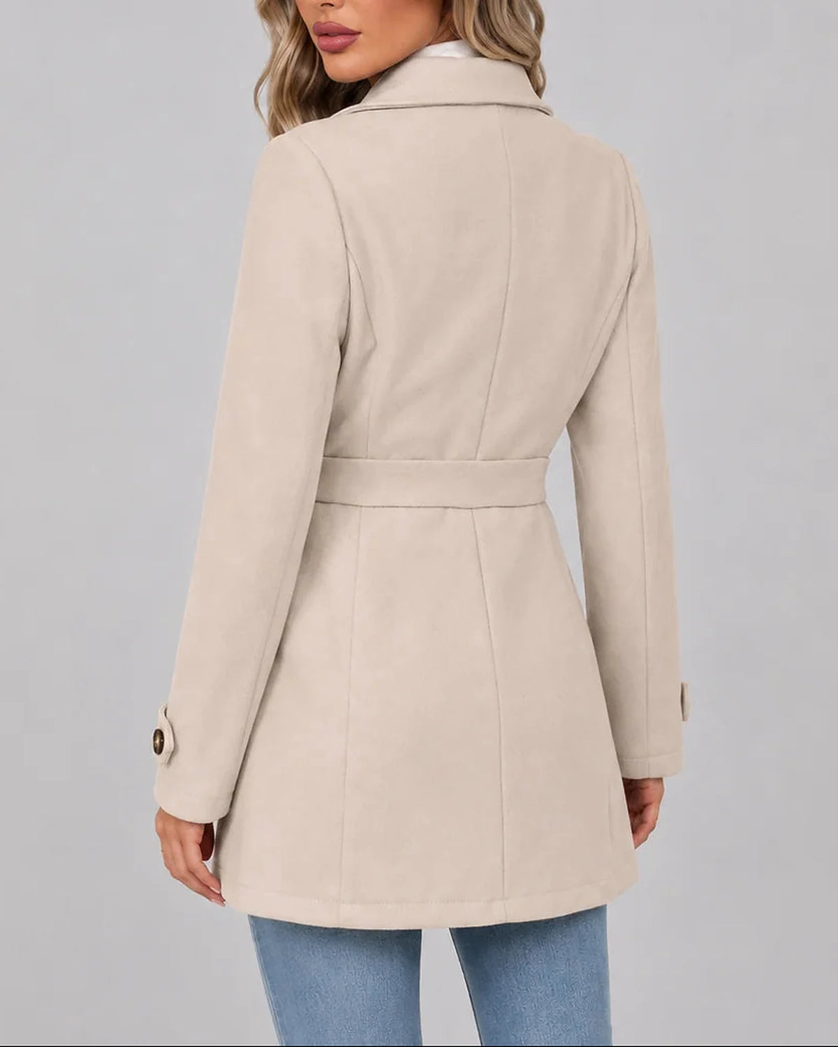Women's Fitted Overcoat with Pointed Collar and Waist Tabs – Ruby