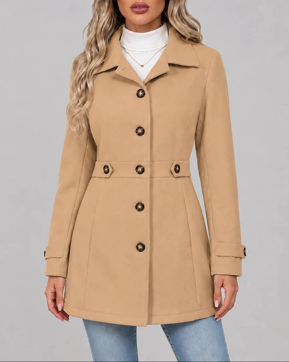 Women's Fitted Overcoat with Pointed Collar and Waist Tabs – Ruby