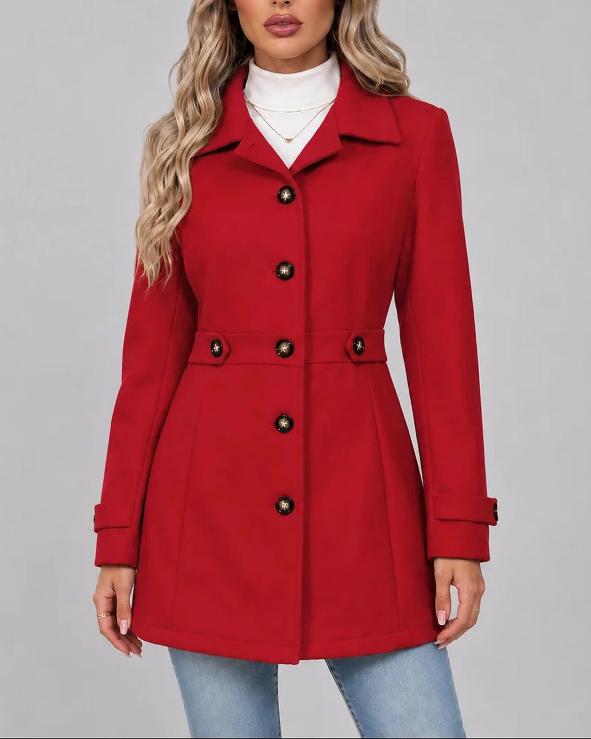 Women's Fitted Overcoat with Pointed Collar and Waist Tabs – Ruby