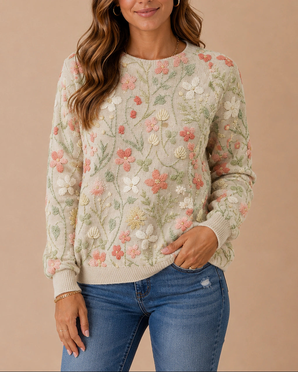 Women's Jumper – Floral Knit Sweater with Embroidered Flowers and Crew Neck – Everly