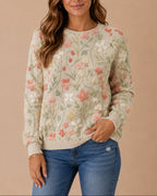 Women's Jumper – Floral Knit Sweater with Embroidered Flowers and Crew Neck – Everly