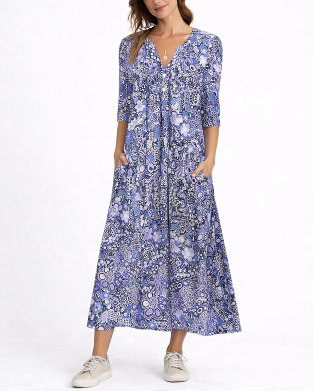 Women's Summer Floral Midi Dress with V-Neck and Three-Quarter Sleeves, Side Pockets – Lena Rose