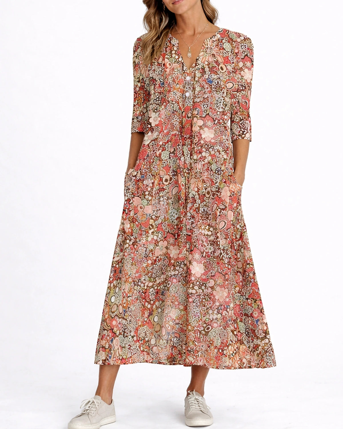 Women's Summer Floral Midi Dress with V-Neck and Three-Quarter Sleeves, Side Pockets – Lena Rose