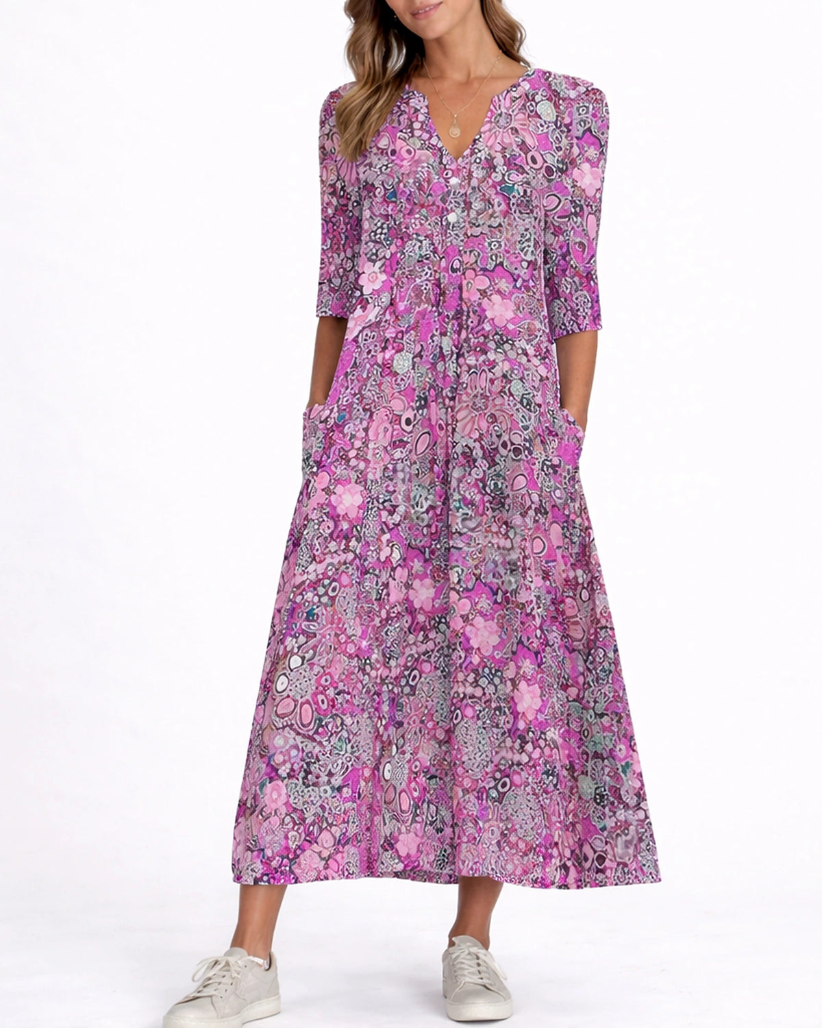 Women's Summer Floral Midi Dress with V-Neck and Three-Quarter Sleeves, Side Pockets – Lena Rose