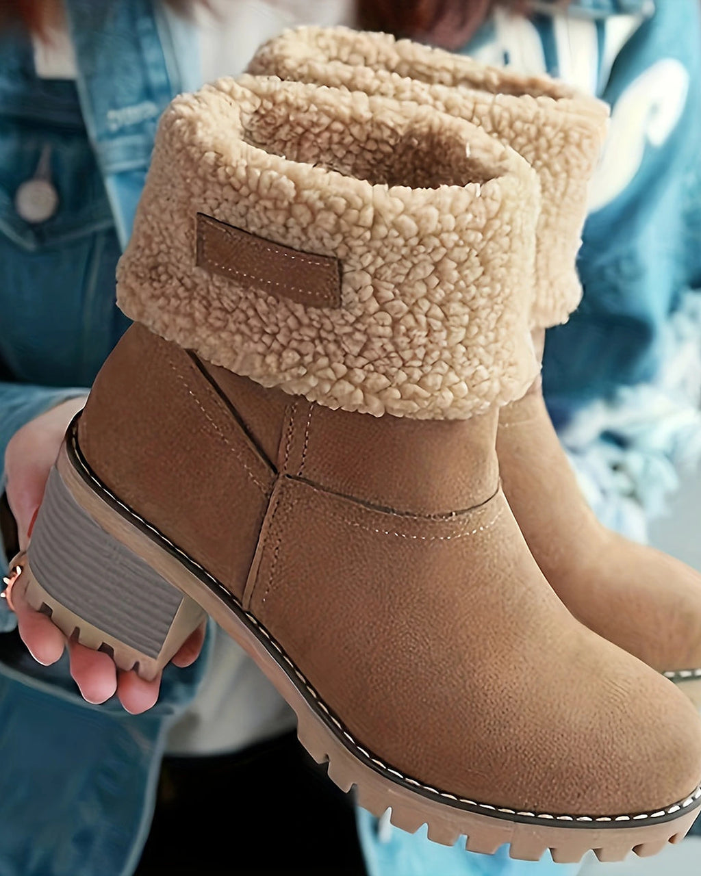 Women's Fold-Over Faux Shearling Cuff Block Heel Ankle Boots – Frankie Belle