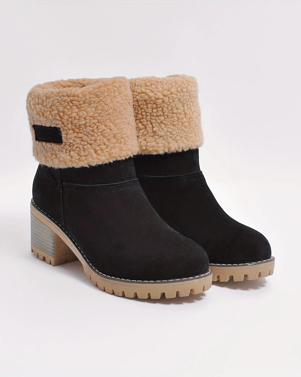 Women's Fold-Over Faux Shearling Cuff Block Heel Ankle Boots – Frankie Belle