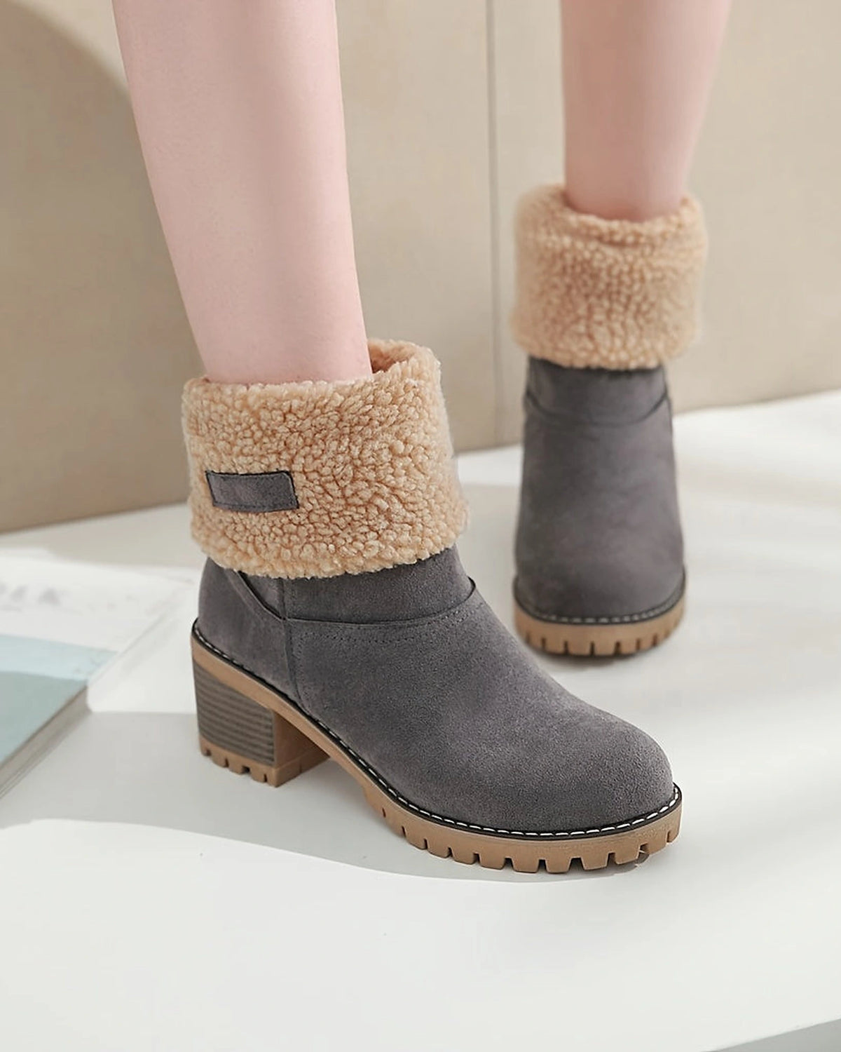 Women's Fold-Over Faux Shearling Cuff Block Heel Ankle Boots – Frankie Belle