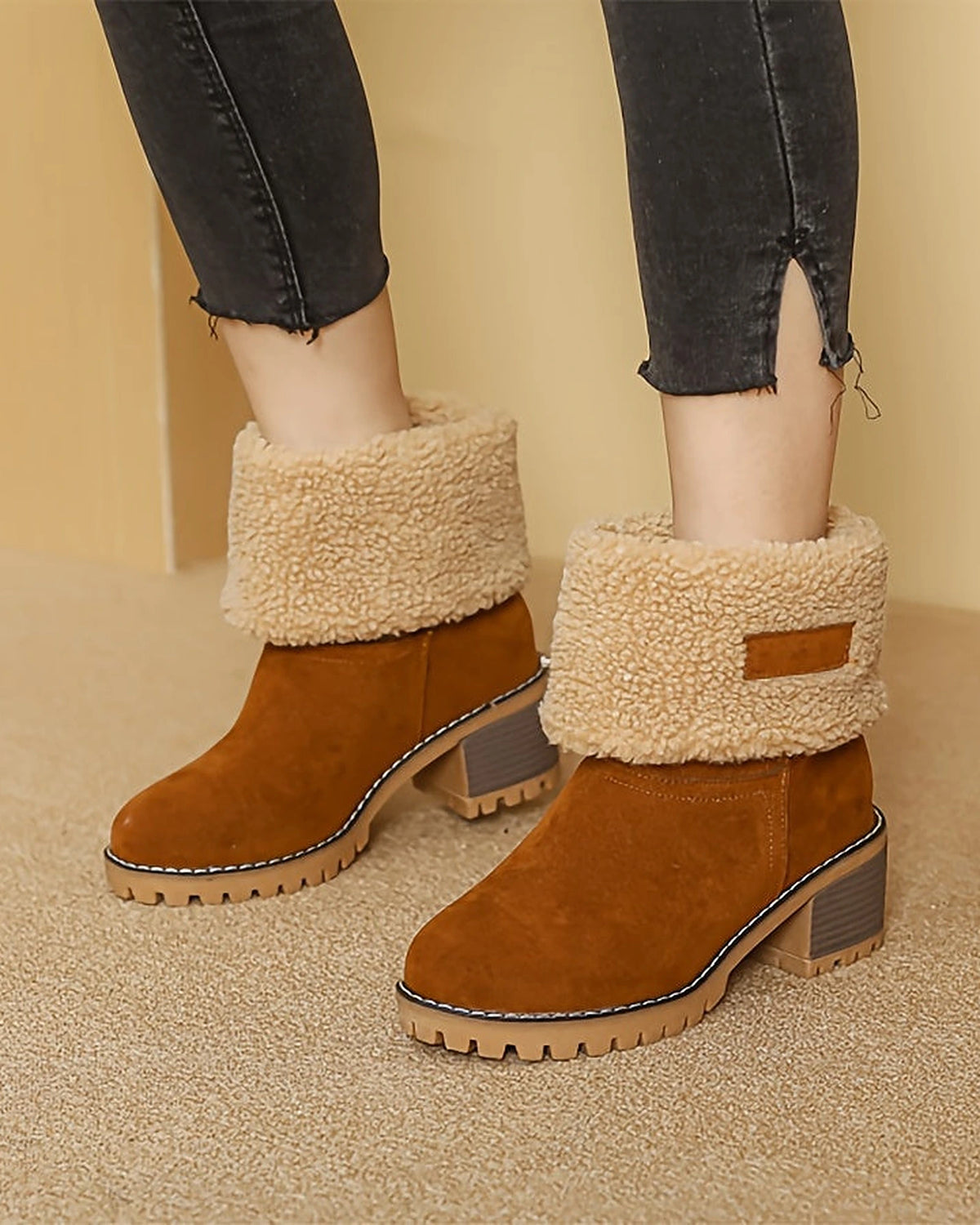 Women's Fold-Over Faux Shearling Cuff Block Heel Ankle Boots – Frankie Belle