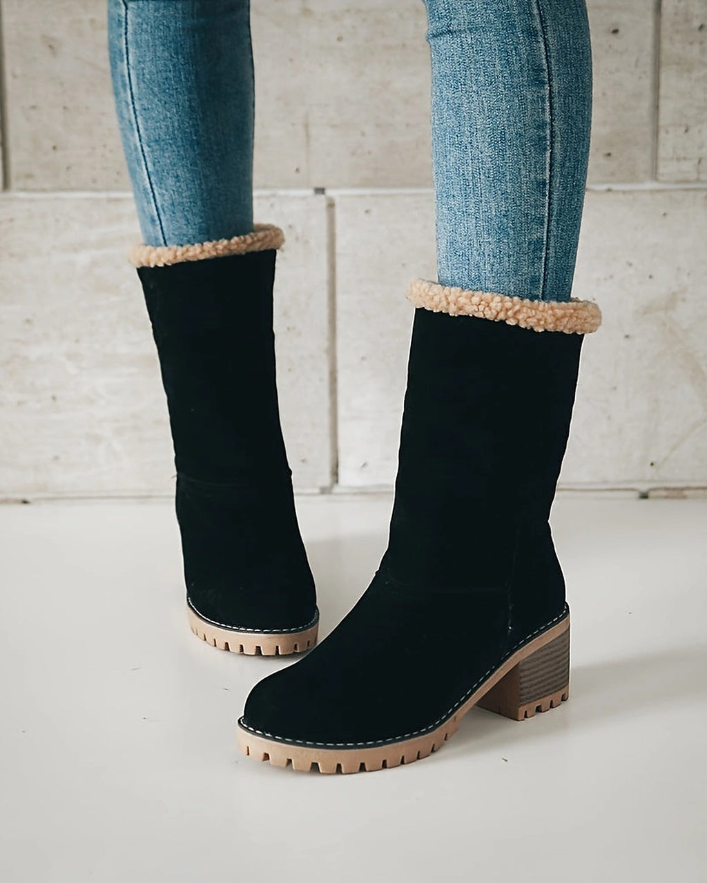 Women's Fold-Over Faux Shearling Cuff Block Heel Ankle Boots – Frankie Belle