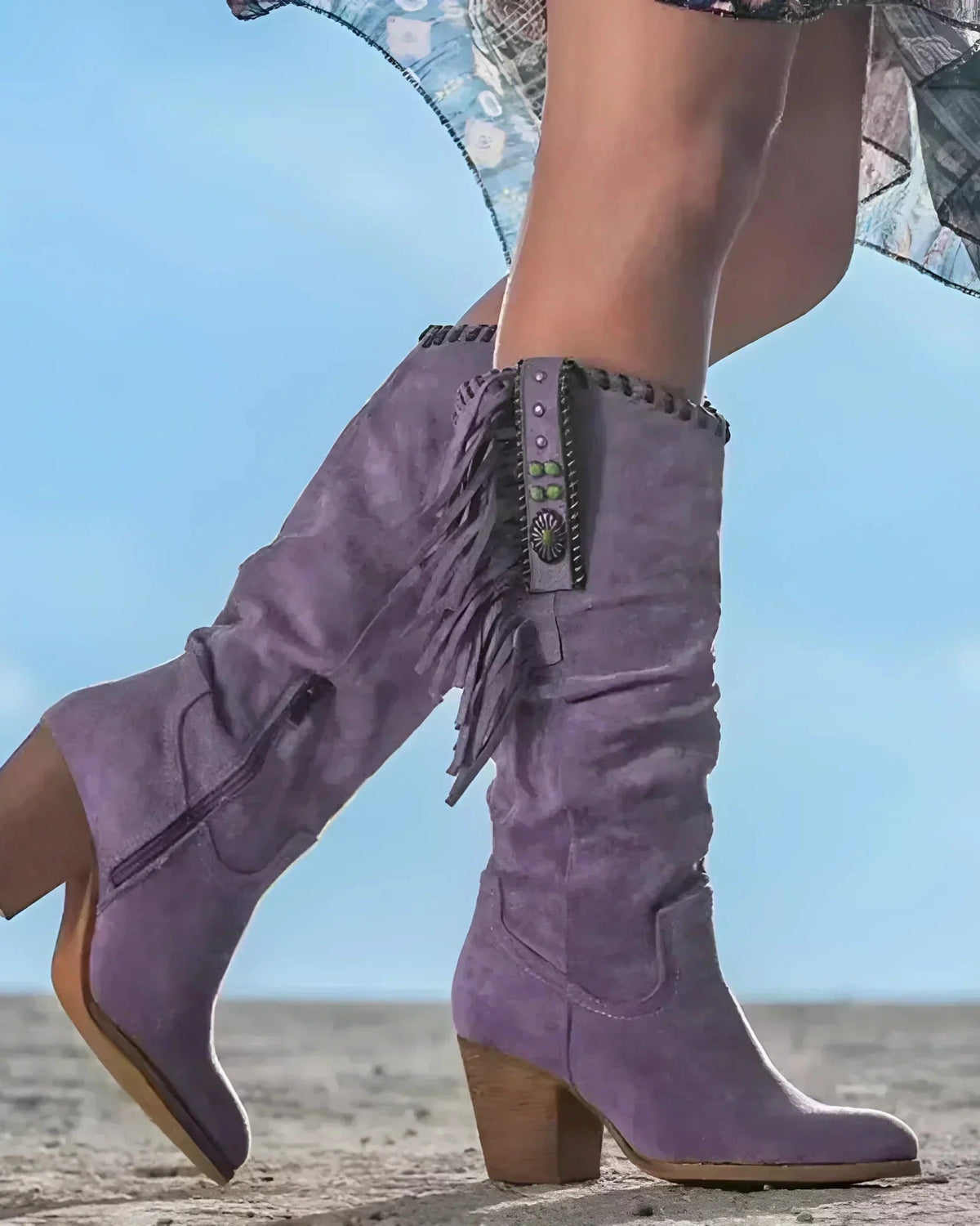 Women's Fringe Knee High Suede Boots with Concho Trim and Stacked Block Heel – Luna Mae
