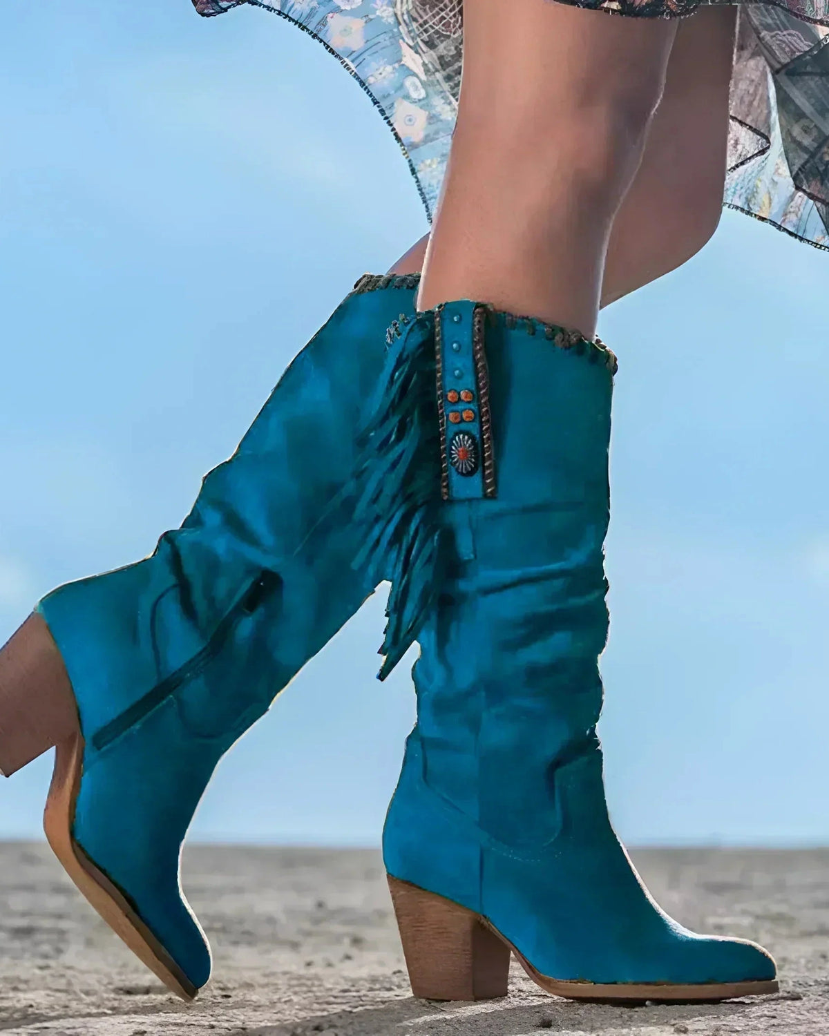 Women's Fringe Knee High Suede Boots with Concho Trim and Stacked Block Heel – Luna Mae