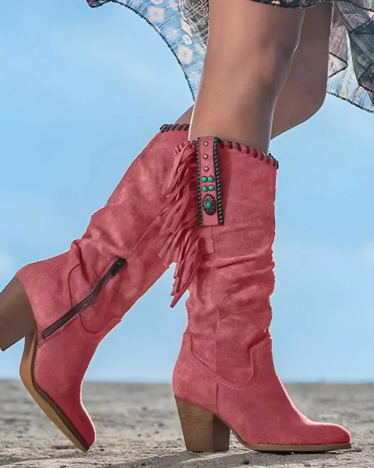 Women's Fringe Knee High Suede Boots with Concho Trim and Stacked Block Heel – Luna Mae