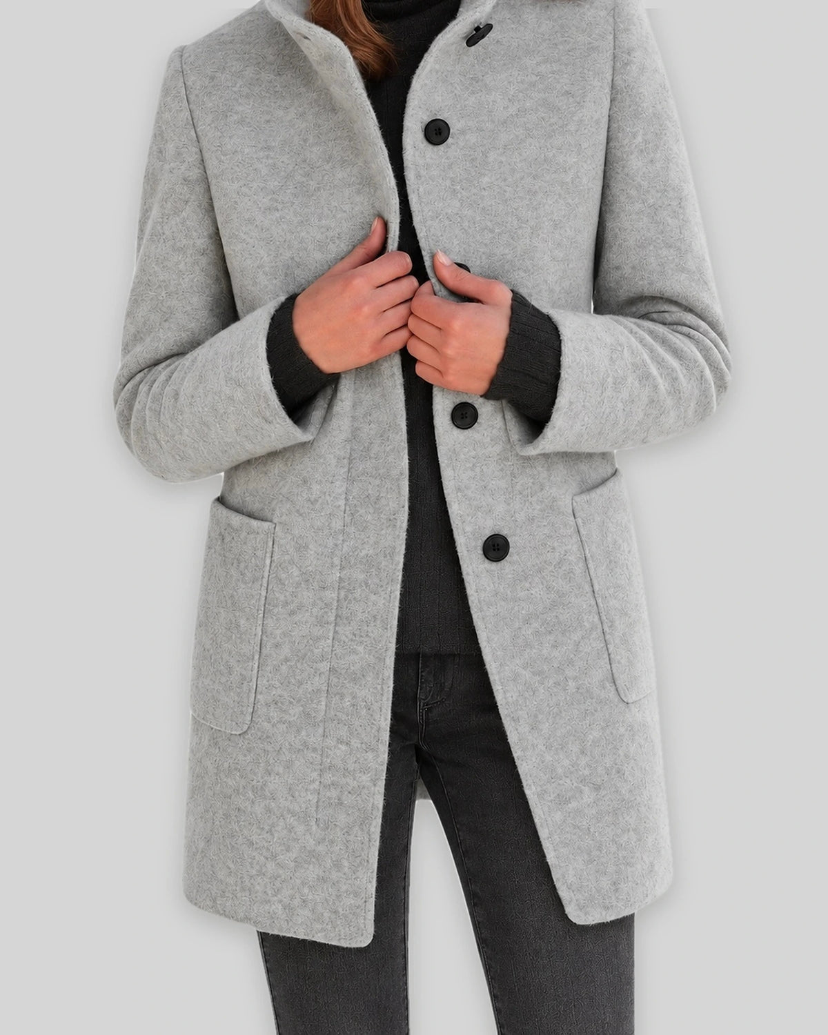 Women's Coat in Wool Blend with Funnel Neck, Button Front and Pockets – Wren Mae