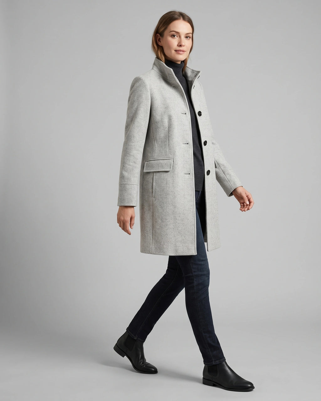 Women's Coat in Wool Blend with Funnel Neck, Button Front and Pockets – Wren Mae