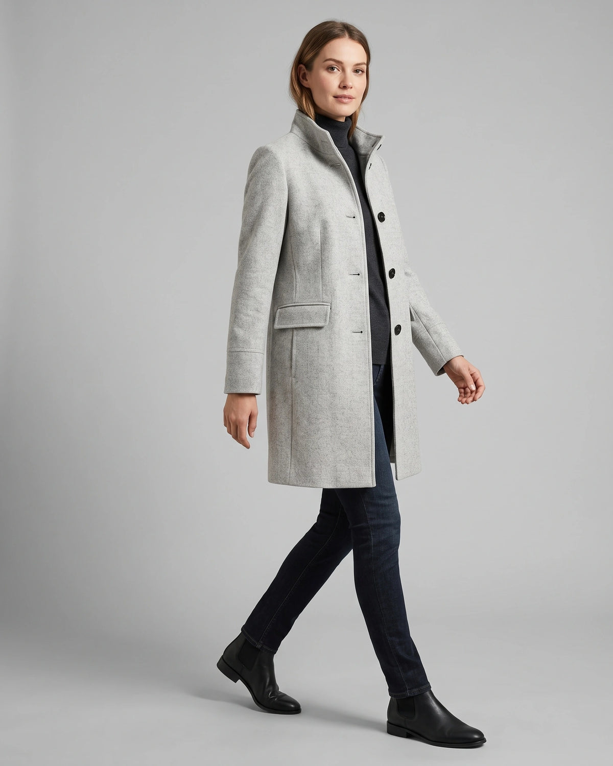 Women's Coat in Wool Blend with Funnel Neck, Button Front and Pockets – Wren Mae