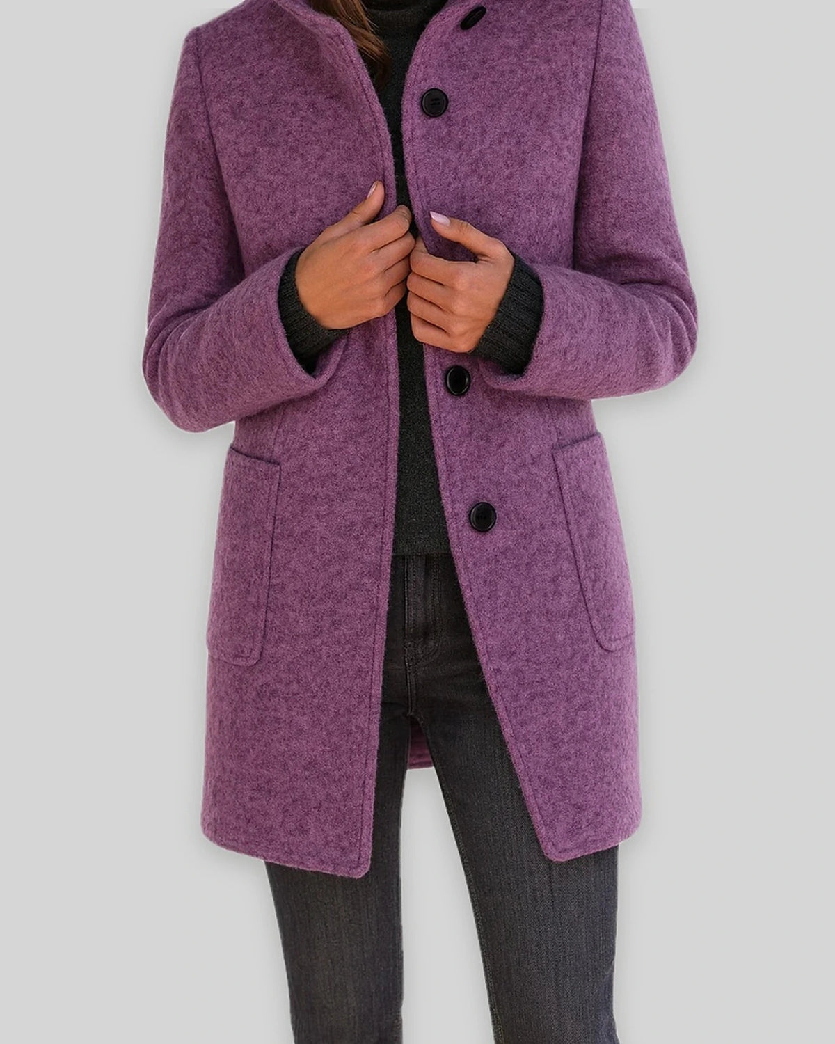 Women's Coat in Wool Blend with Funnel Neck, Button Front and Pockets – Wren Mae