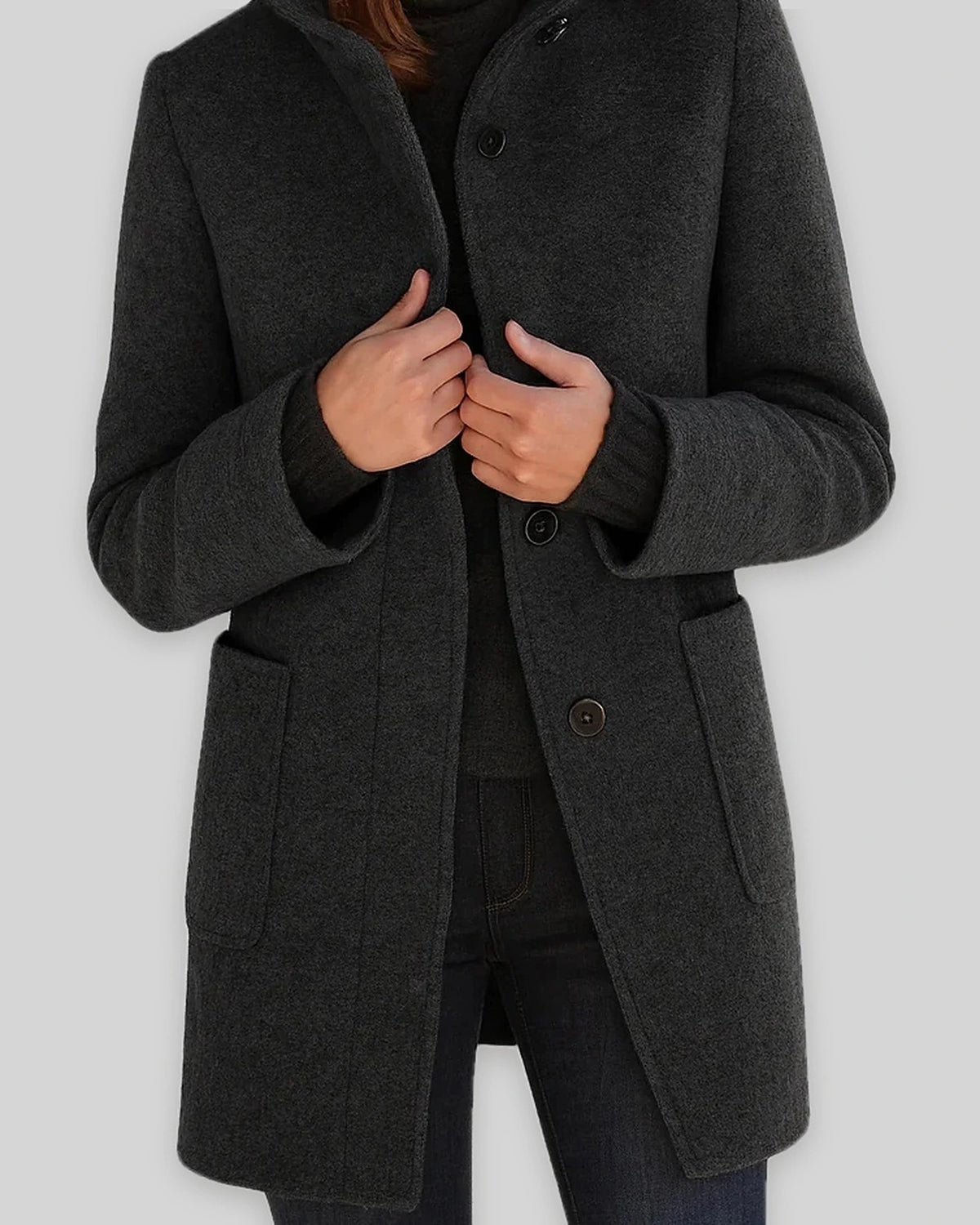 Women's Coat in Wool Blend with Funnel Neck, Button Front and Pockets – Wren Mae
