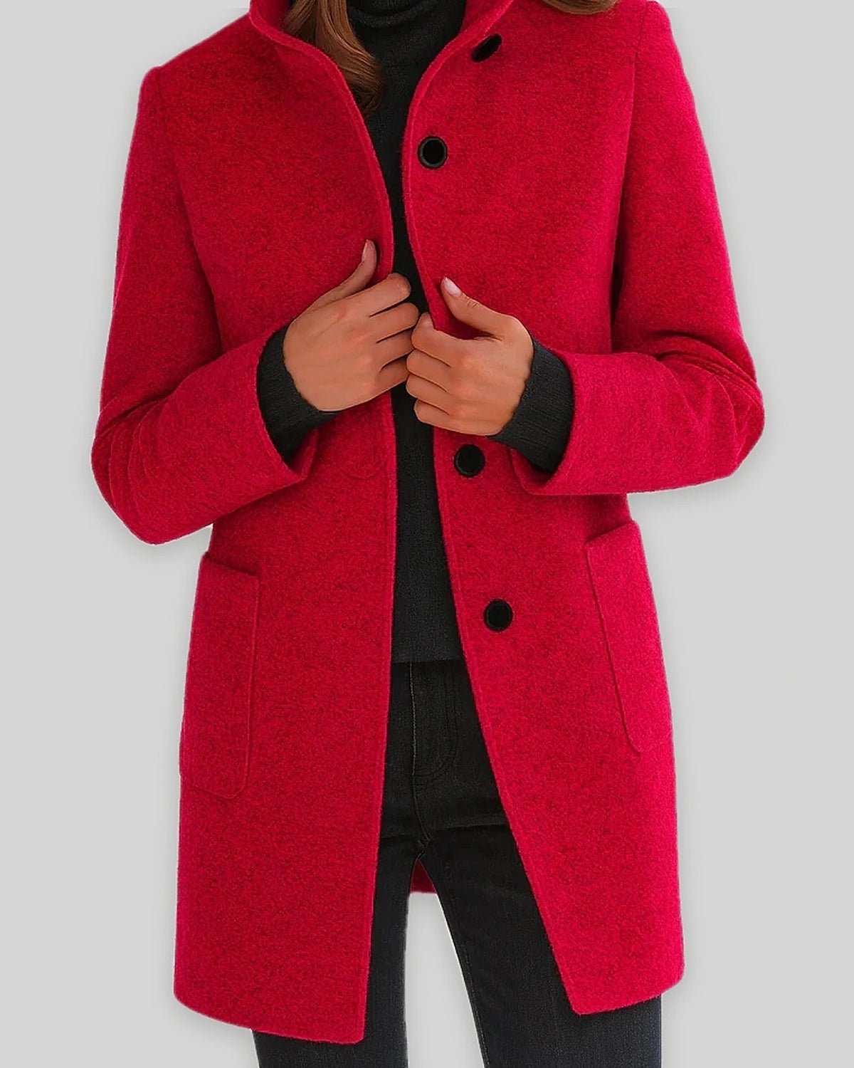 Women's Coat in Wool Blend with Funnel Neck, Button Front and Pockets – Wren Mae