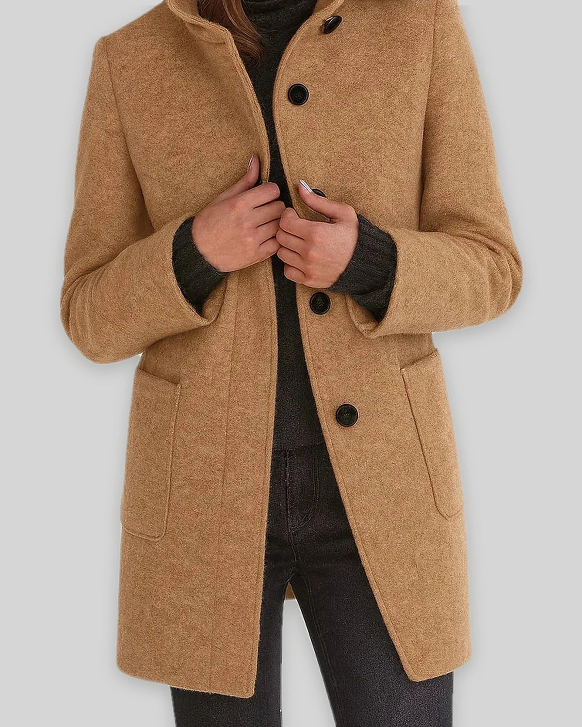 Women's Coat in Wool Blend with Funnel Neck, Button Front and Pockets – Wren Mae