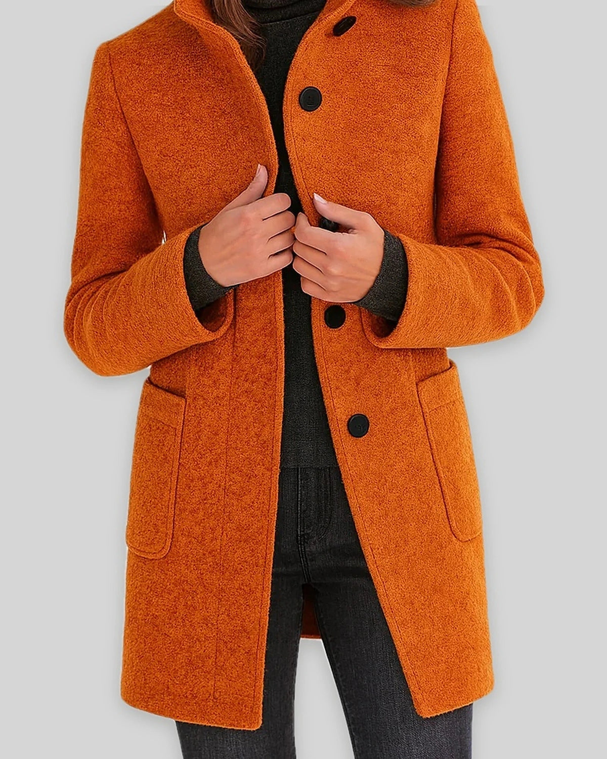 Women's Coat in Wool Blend with Funnel Neck, Button Front and Pockets – Wren Mae