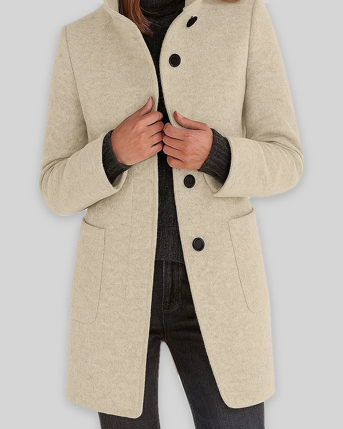 Women's Coat in Wool Blend with Funnel Neck, Button Front and Pockets – Wren Mae