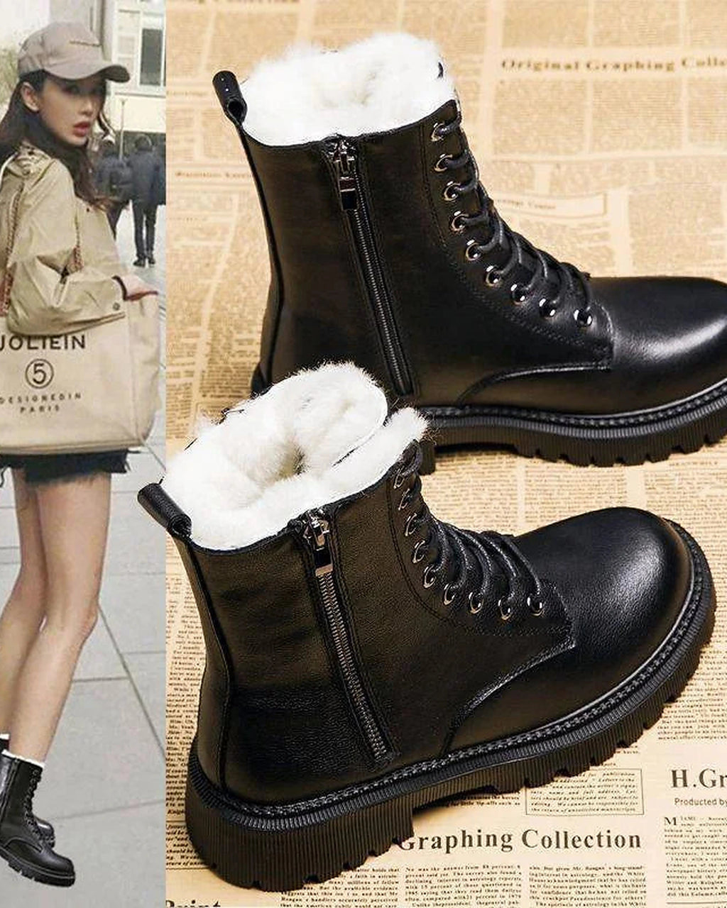 Women's Fur Lined Lace-Up Combat Boots with Side Zip and Chunky Grip Sole – Jessa Lou