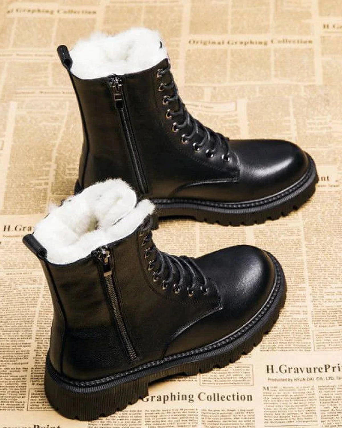 Women's Fur Lined Lace-Up Combat Boots with Side Zip and Chunky Grip Sole – Jessa Lou