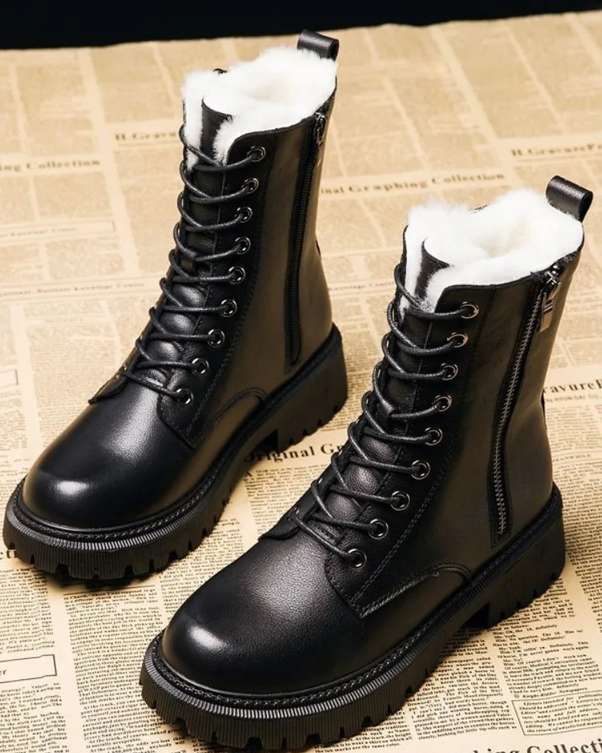 Women's Fur Lined Lace-Up Combat Boots with Side Zip and Chunky Grip Sole – Jessa Lou