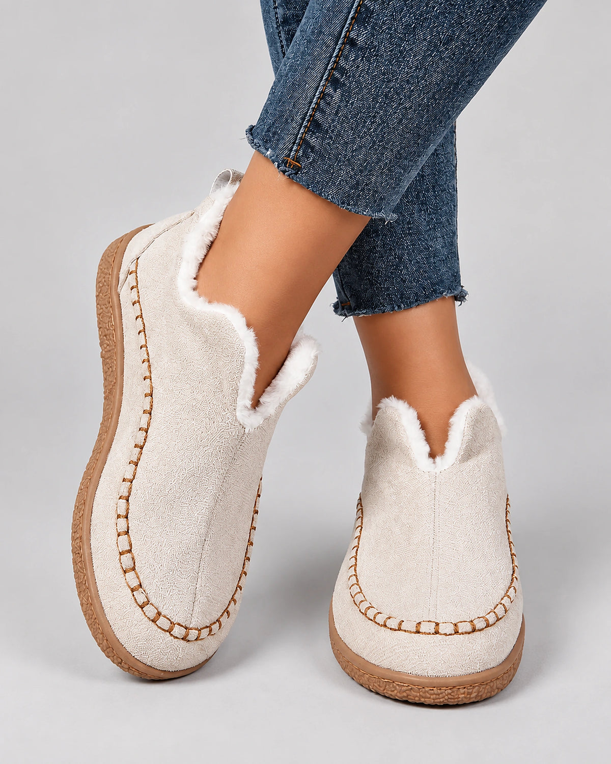 Women's Fur Lined Slip-On Moccasin Ankle Boots with Stitched Toe Seam – Gwen Rose
