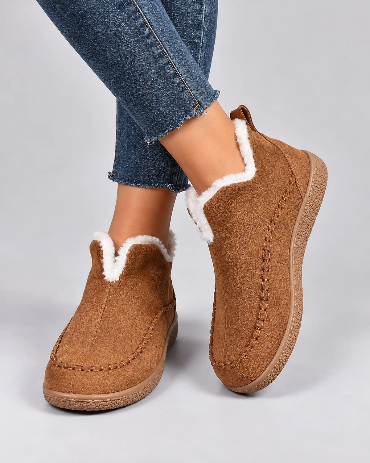 Women's Fur Lined Slip-On Moccasin Ankle Boots with Stitched Toe Seam – Gwen Rose