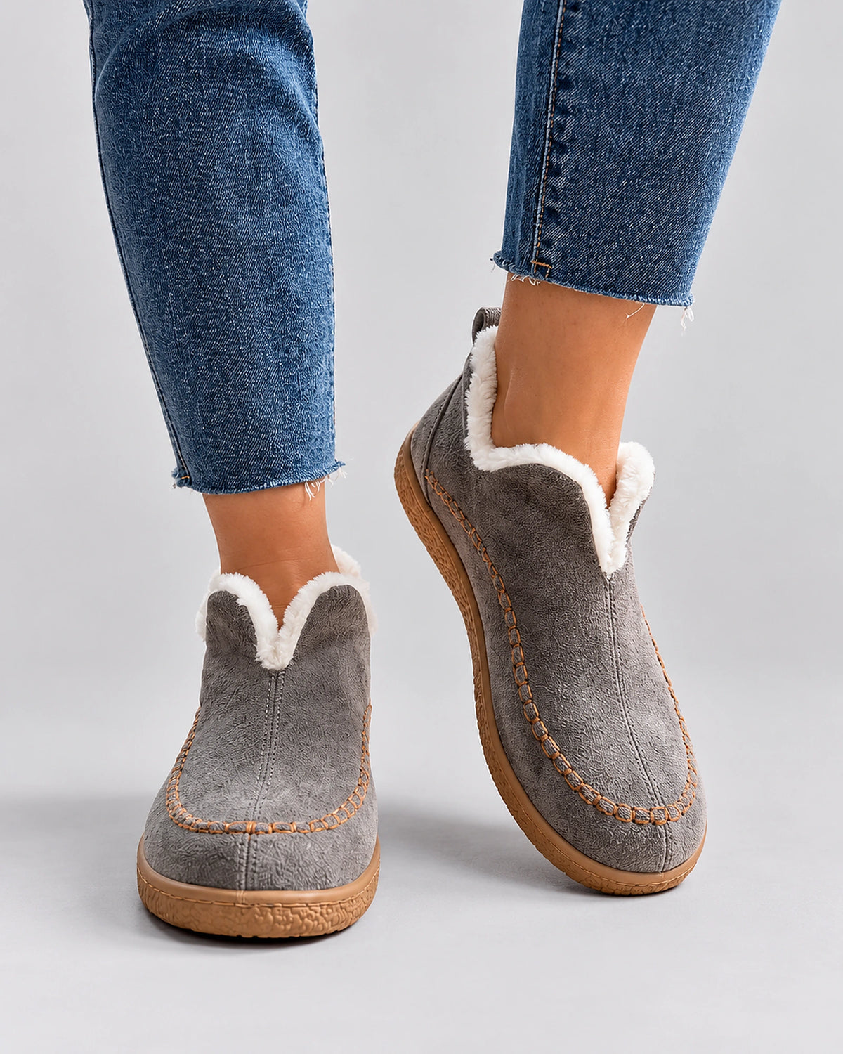 Women's Fur Lined Slip-On Moccasin Ankle Boots with Stitched Toe Seam – Gwen Rose