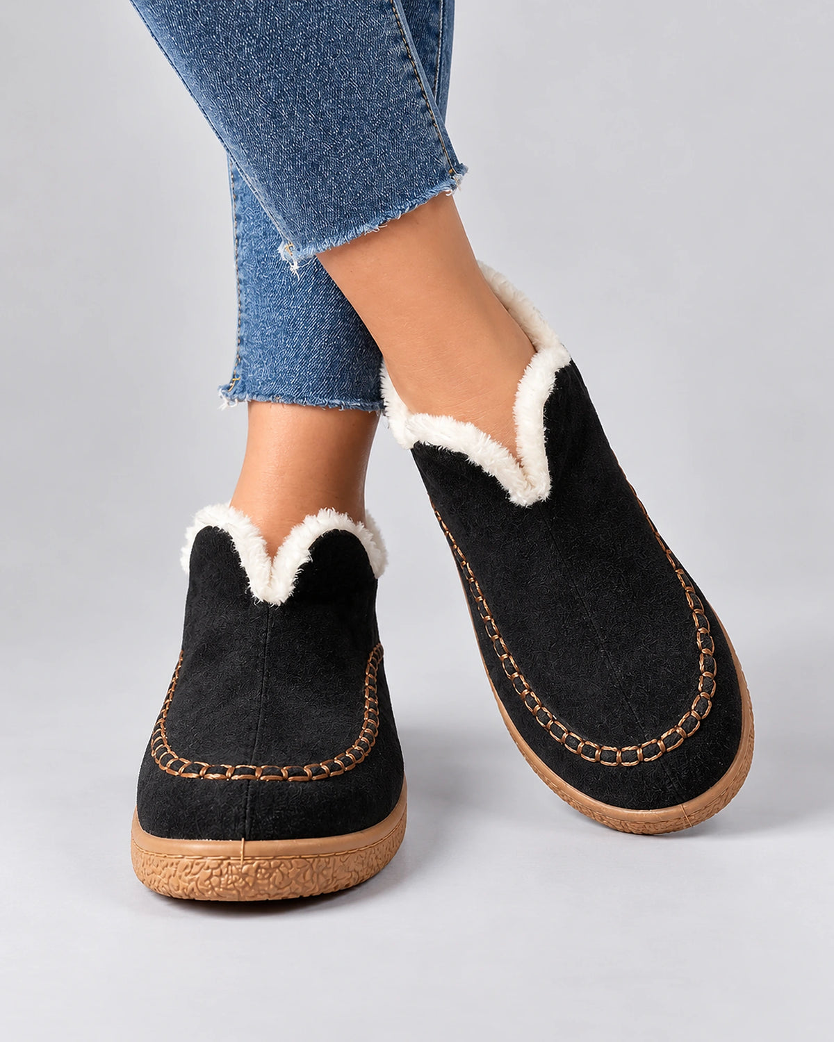 Women's Fur Lined Slip-On Moccasin Ankle Boots with Stitched Toe Seam – Gwen Rose