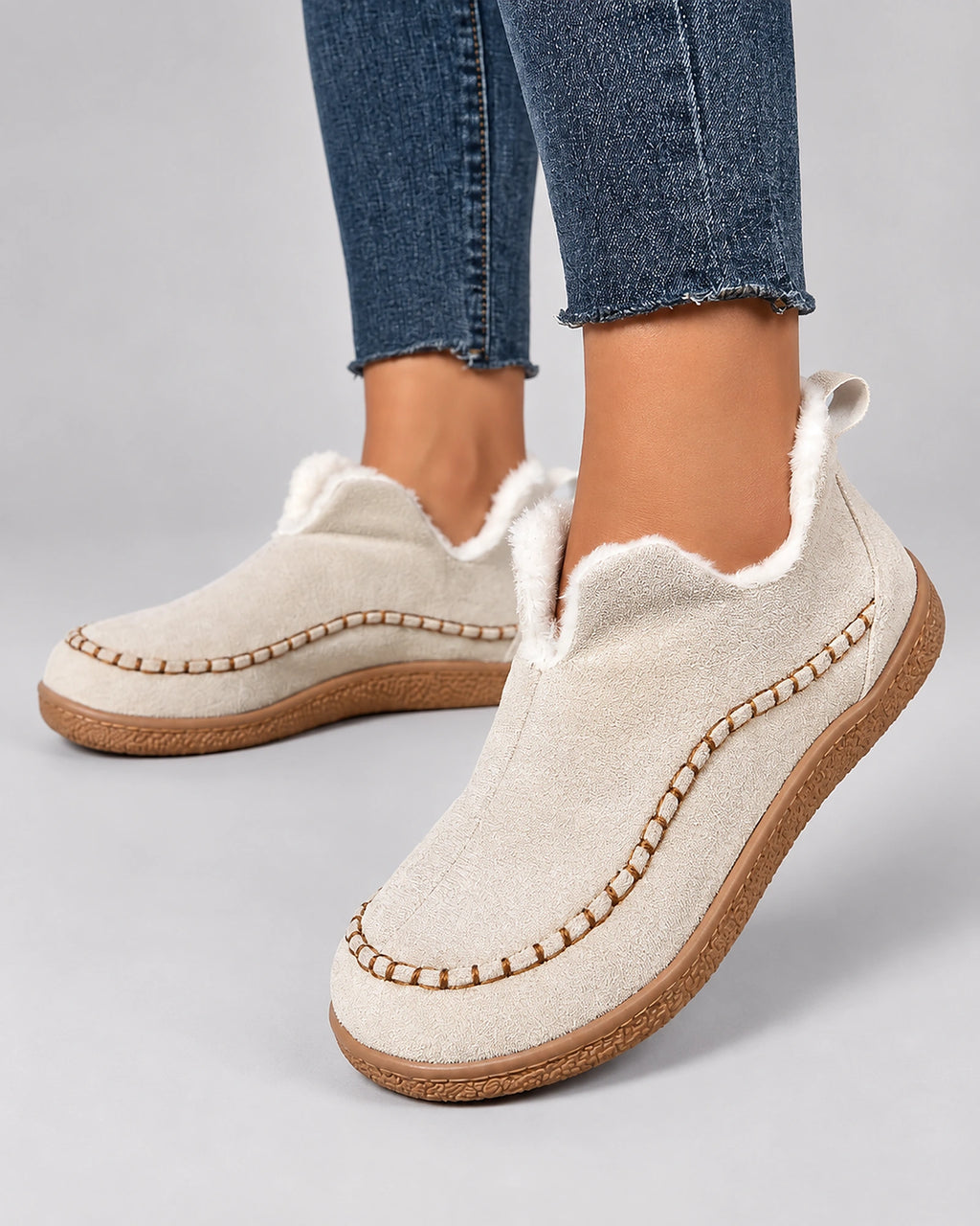 Women's Fur Lined Slip-On Moccasin Ankle Boots with Stitched Toe Seam – Gwen Rose