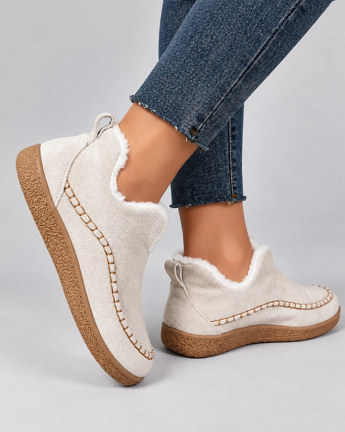 Women's Fur Lined Slip-On Moccasin Ankle Boots with Stitched Toe Seam – Gwen Rose