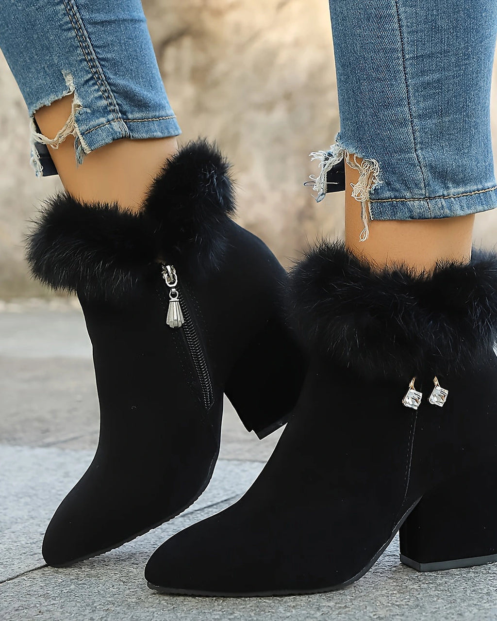 Women's Fur Trim Block Heel Ankle Boots with Side Zip Fastening – Gwen Grey