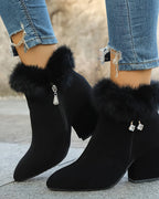 Women's Fur Trim Block Heel Ankle Boots with Side Zip Fastening – Gwen Grey