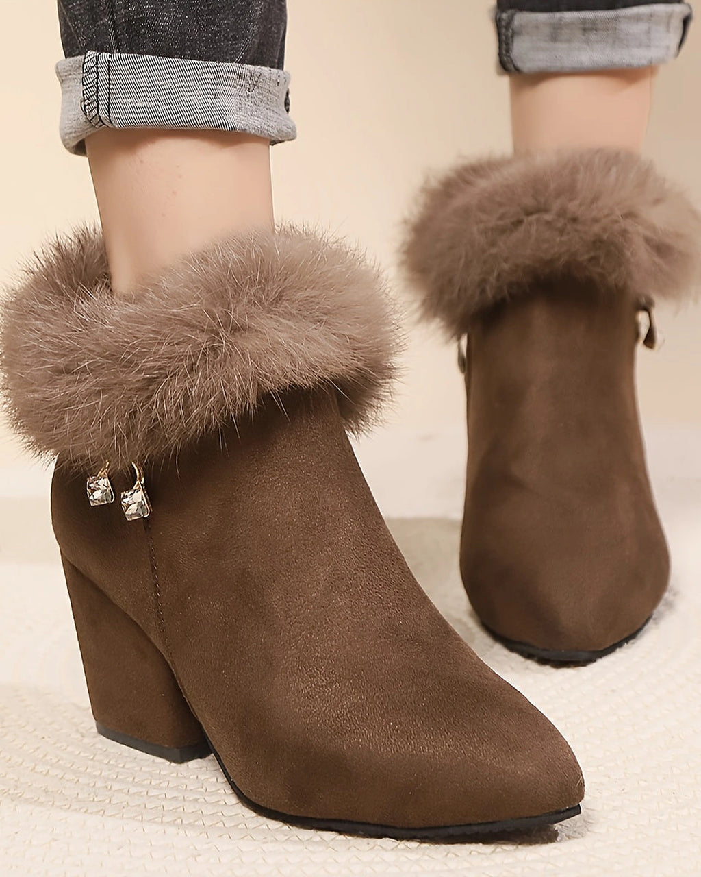 Women's Fur Trim Block Heel Ankle Boots with Side Zip Fastening – Gwen Grey