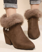 Women's Fur Trim Block Heel Ankle Boots with Side Zip Fastening – Gwen Grey