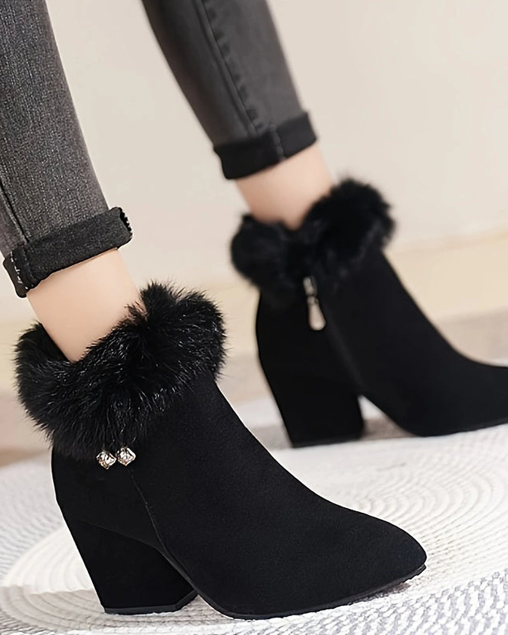 Women's Fur Trim Block Heel Ankle Boots with Side Zip Fastening – Gwen Grey