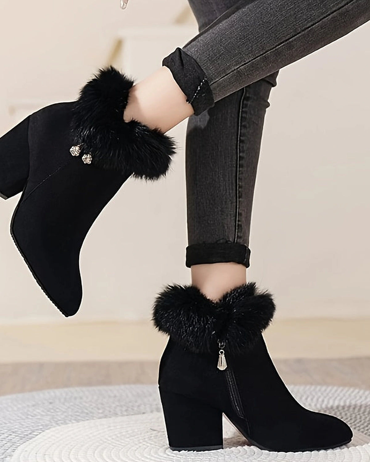 Women's Fur Trim Block Heel Ankle Boots with Side Zip Fastening – Gwen Grey