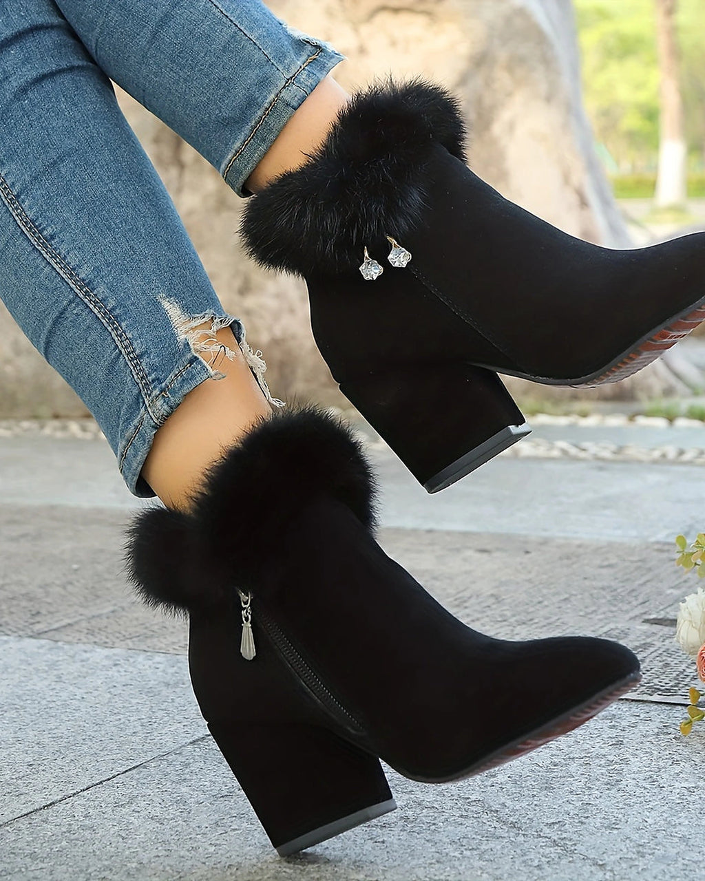 Women's Fur Trim Block Heel Ankle Boots with Side Zip Fastening – Gwen Grey