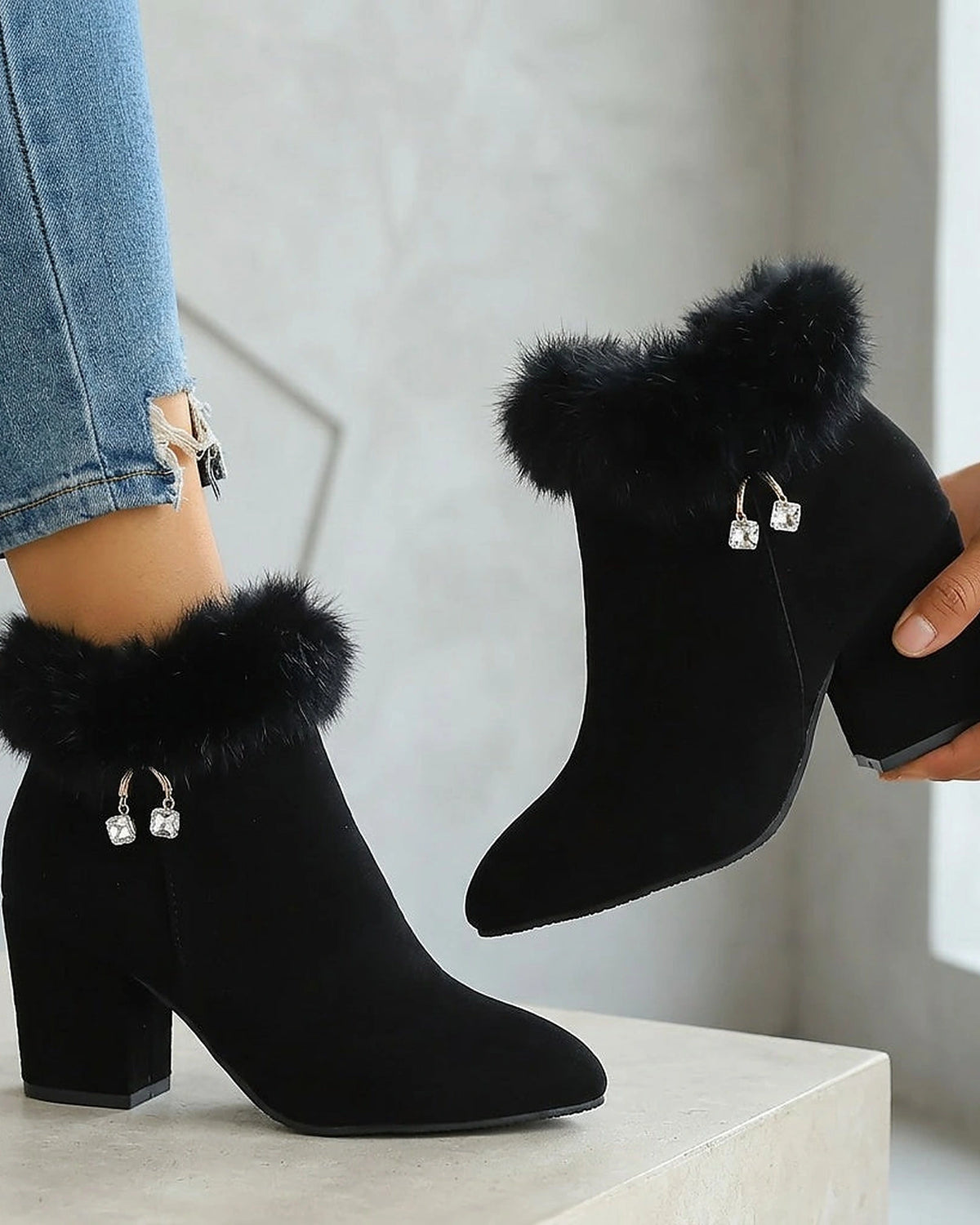 Women's Fur Trim Block Heel Ankle Boots with Side Zip Fastening – Gwen Grey