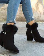 Women's Fur Trim Block Heel Ankle Boots with Side Zip Fastening – Gwen Grey