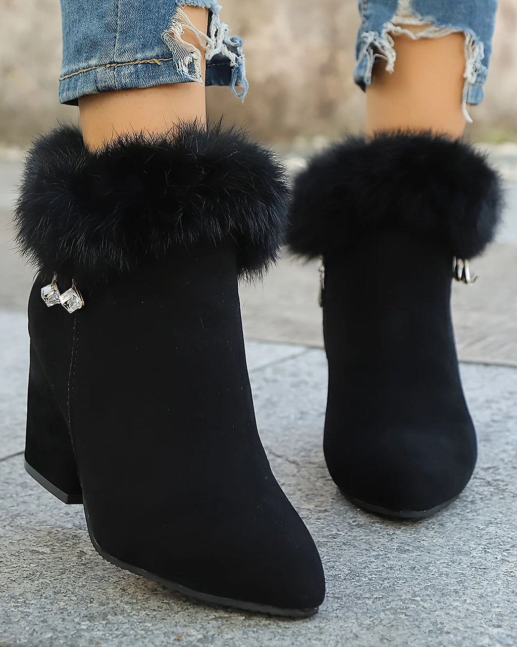 Women's Fur Trim Block Heel Ankle Boots with Side Zip Fastening – Gwen Grey